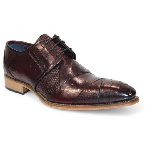 Duca Di Matiste "Imperio" Burgundy Genuine Italian Calf Leather Crocodile/Ostrich/Lizard Print Lace-Up Dress Shoes.